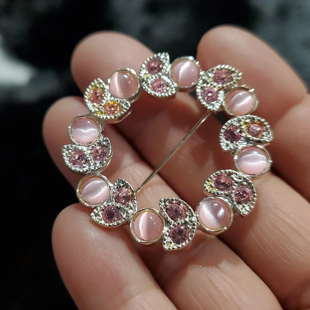 Elegant Pink Gems Floral Wreath Brooch Silver Tone Mothers Bridal